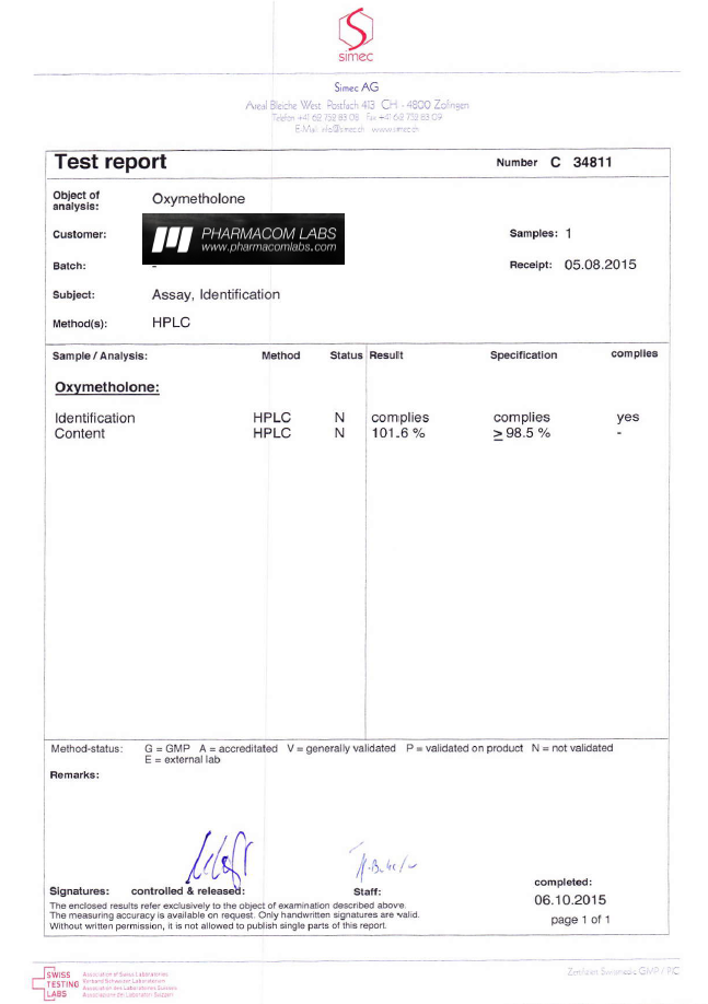 OXYMETOS 25 Oxymetholone - purity report